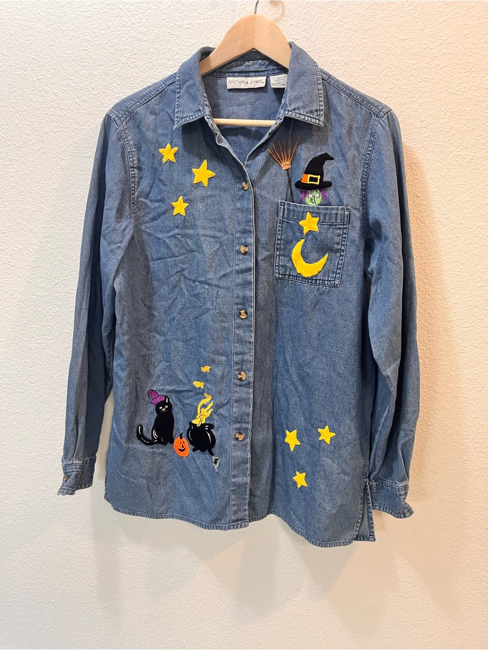 Victoria Jones Woman Denim Button-Down Shirt with Yellow Halloween Embroidery